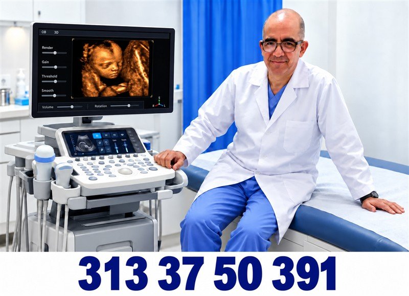 Retrato preparado del doctor junto al ecógrafo, con una imagen fetal 3D en pantalla