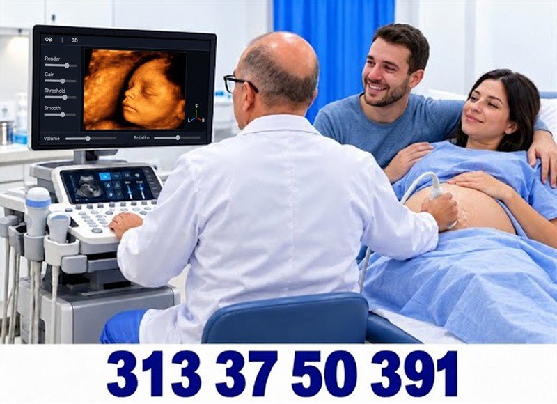 Doctor realizando una ecografía a una embarazada acompañada por su pareja