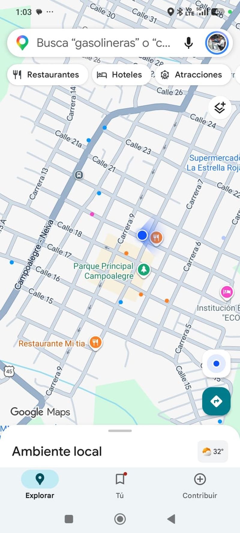 Mapa de referencia del sector central de Campoalegre, cerca del parque principal. Fuente: Google Maps
